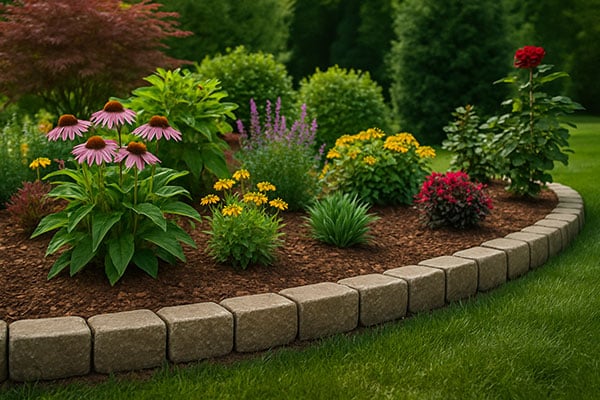Créer un massif de fleurs avec bordure en pavés et paillage (4m²)