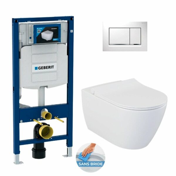 Pack WC Bati-support Geberit UP320 + WC sans bride Livea Bello + Abattant softclose + Plaque blanche (Geb Livea Bello-K)