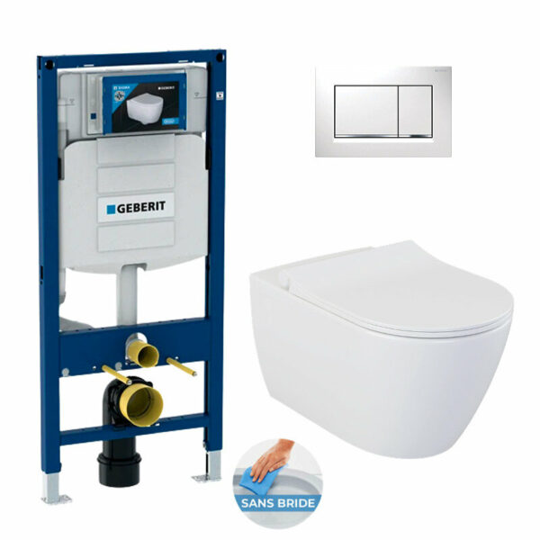 Pack WC Bati-support Geberit UP320 + WC sans bride Livea Bello + Abattant softclose + Plaque blanche (Geb Livea Bello-K)