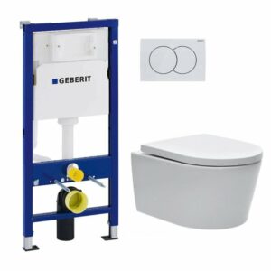 Pack WC bati-support Geberit + WC Swiss Aqua Technologies sans bride + plaque blanche