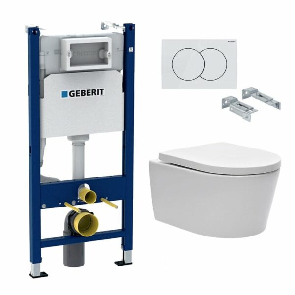 Pack Bati-support Geberit 112cm + WC sans bride Swiss Aqua Technologies + Plaque blanche + Set d'isolation (SATrimlessGeb3SET)