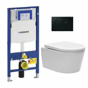 Pack WC Bati-support Geberit avec Cuvette SAT rimless fixations invisibles + Abattant softclose + Plaque noire