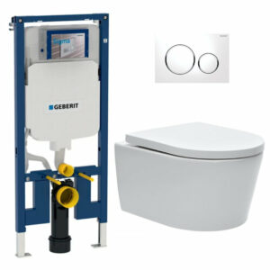 Pack WC bati-support Geberit + WC Swiss Aqua Technologies sans bride + abattant + plaque blanche (SLIMSATCBP)