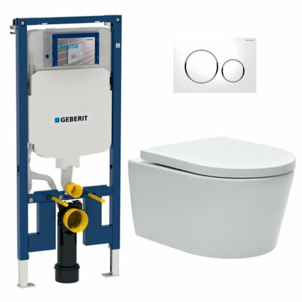 Pack WC bati-support Geberit + WC Swiss Aqua Technologies sans bride + abattant + plaque blanche (SLIMSATCBP)