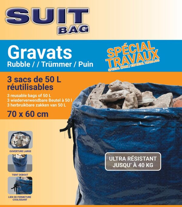 Lot de 3 Sacs à Gravats 50L - Sacs Résistants pour Bricolage et Rénovation