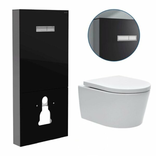 Pack WC suspendu en verre trempé/aluminium brossé avec plaque intégrée, Noir + WC sans bride SAT + Abattant softclose