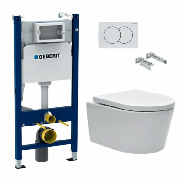 Pack Bati-support Geberit 112cm + Cuvette Swiss Aqua Technologies sans bride + Plaque blanche (SATrimlessGeb3-DE)