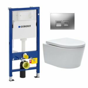Pack Bati-support Geberit UP100 + plaque Delta50 chrome mat + cuvette SAT suspendue sans bride et fixations invisibles