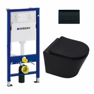 Pack WC bati-support Geberit Duofix + WC sans bride Swiss Aqua Technologies + abattant SoftClose0 + plaque Noire