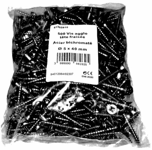 Vis agglo acier tête fraisée Pozidriv 5x40mm - Pack de 500 pour assemblage bois et panneau