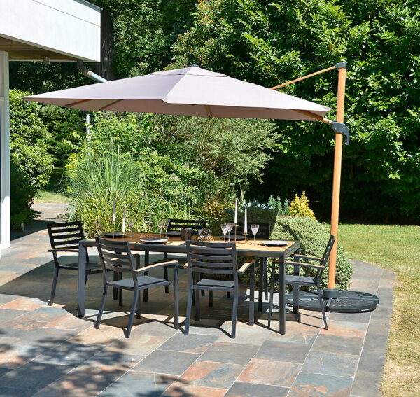 Parasol Déporté Belize 300x420cm en Aluminium Imitation Bois - Protection Solaire & Design Élégant