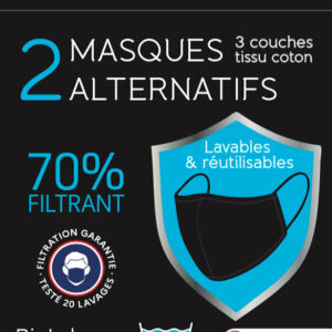 Lot de 2 masques lavables alternatifs en coton noir avec pince-nez intégrée
