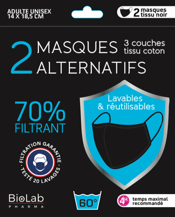 Lot de 2 masques lavables alternatifs en coton noir avec pince-nez intégrée