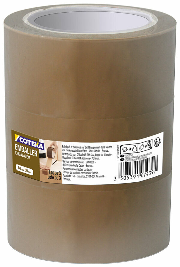 Lot 3 rouleaux adhésifs emballage havane 66mx50mm