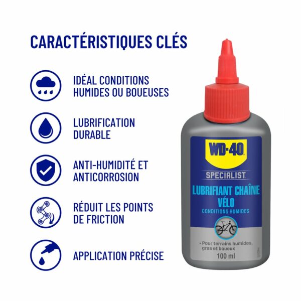 Lubrifiant Chaîne Conditions Humides WD-40 BIKE 100ml - Protège, lubrifie et améliore l'efficacité de votre chaîne