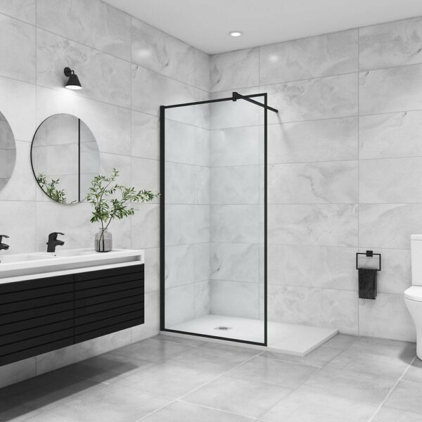 Paroi de douche noire AICA 80x200cm en verre anticalcaire avec barre de fixation