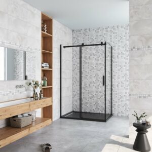 AICA cabine de douche coulissante 100x80x200cm en verre anticalcaire et profilé noir mat