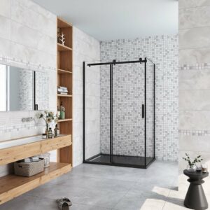 AICA cabine de douche coulissante 100x90x200cm porte de douche + paroi latérale en verre noir mat