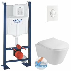 Pack WC Bâti-support autoportant + WC sans bride Lucco Avva + Abattant softclose + Plaque blanche (ProjectAvva-3) pour une salle de bain moderne et pratique