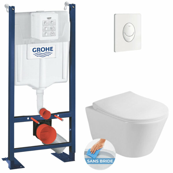 Pack WC Bâti-support autoportant + WC sans bride Lucco Avva + Abattant softclose + Plaque blanche