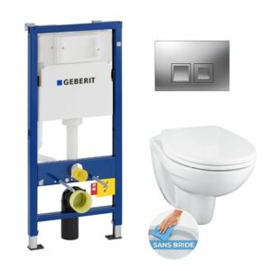 Pack WC suspendu Geberit avec cuvette sans bride et plaque Delta50 chrome mat