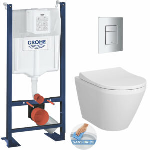 Pack WC Bâti Autoportant Rapid SL + WC sans bride Integra + Abattant softclose + Plaque chrome mat (ProjectIntegraRimless-5)