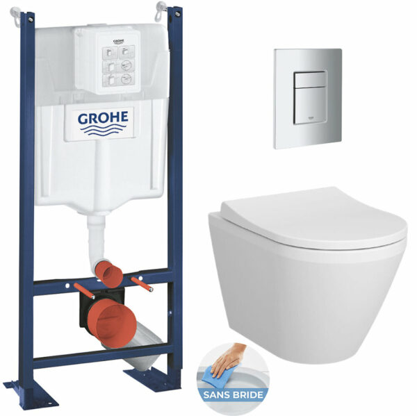 Pack WC Bâti Autoportant Rapid SL + WC sans bride Integra + Abattant softclose + Plaque chrome mat (ProjectIntegraRimless-5)