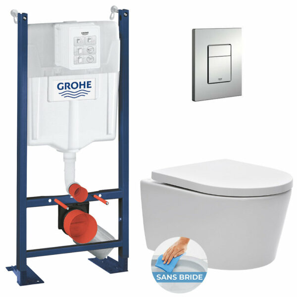 Pack WC Bâti autoportant + WC sans bride SAT + Abattant softclose + Plaque chrome (ProjectSATrimless-5) de haute qualité