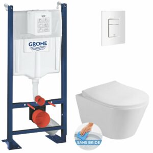 Pack WC Bâti autoportant + WC sans bride Lucco Avva + Abattant softclose + Plaque blanche (ProjectAvva-4) de Grohe