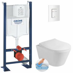 Pack WC Bâti autoportant + WC sans bride Lucco Avva + Abattant softclose + Plaque blanche (ProjectAvva-4) de Grohe