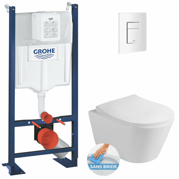 Pack WC Bâti autoportant + WC sans bride Lucco Avva + Abattant softclose + Plaque blanche (ProjectAvva-4) de Grohe