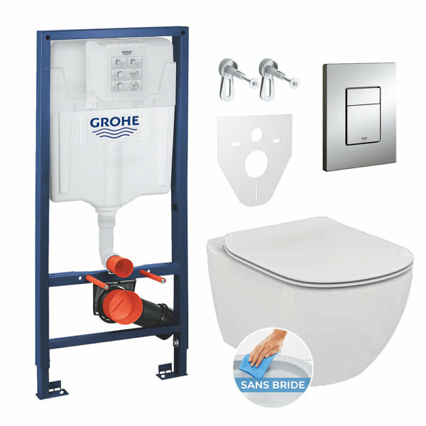 Pack WC Rapid SL GROHE + WC Ideal Standard Tesi Aquablade rimless + Plaque Chrome mat (GROHEAQUA-SET)