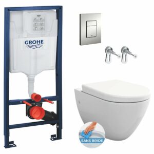 Pack WC Bâti support Rapid SL + WC sans bride Bello + Abattant softclose + Plaque chrome mat