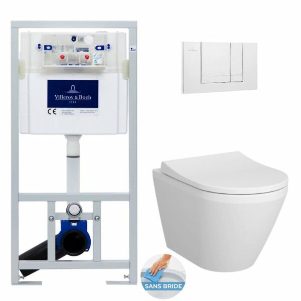 Pack WC Bâti-support Viconnect + WC sans bride Integra avec fixations invisibles + Abattant frein de chute + Plaque Blanche