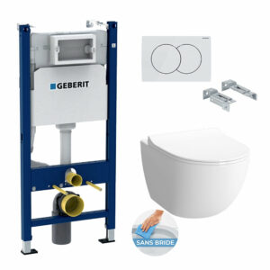 Pack WC Bâti Duofix + Cuvette Sento Rim-Ex blanche + Abattant soft close + Plaque blanche (SentorimlessGeb3)