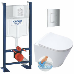 Pack WC Bâti autoportant + WC blanc mat sans bride Infinitio + Abattant frein de chute + Plaque chrome
