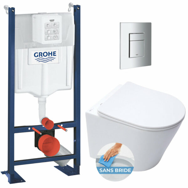 Pack WC Bâti autoportant + WC blanc mat sans bride Infinitio + Abattant frein de chute + Plaque chrome