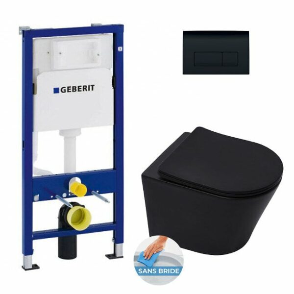 Pack WC bâti Duofix + WC sans bride Infinitio Noir mat + Abattant frein de chute + Plaque Delta 50 Noire