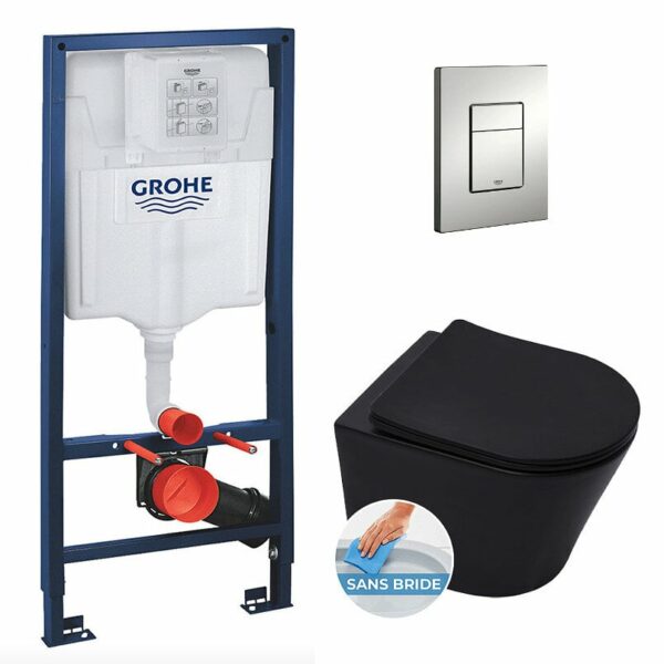 Pack WC Bâti-support Rapid SL + WC SAT Infinitio noire mat + Abattant frein de chute + Plaque Chrome Mat
