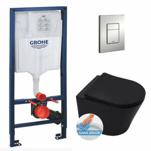 Pack WC Bâti-support Rapid SL + WC SAT Infinitio noire mat + Abattant frein de chute + Plaque Chrome Mat
