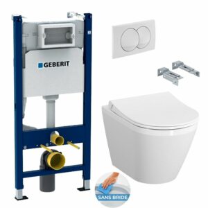 Pack Bâti-support Duofix 112cm + WC sans bride Integra + Abattant softclose + Plaque blanche (IntegraRimlessGeb3) pour une installation facilitée et une qualité garantie.
