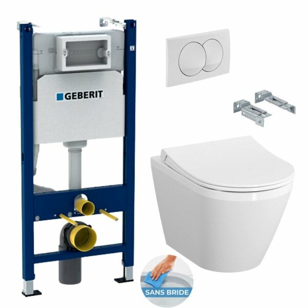 Pack Bâti-support Duofix 112cm + WC sans bride Integra + Abattant softclose + Plaque blanche (IntegraRimlessGeb3) pour une installation facilitée et une qualité garantie.