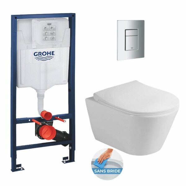 Pack WC Bâti support Rapid SL + WC sans bride Lucco Asvva + Abattant softclose + Plaque chrome mat