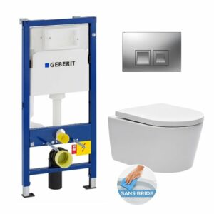Pack bâti-support UP100 + plaque Delta50 chrome mat + cuvette suspendue sans bride et fixations invisibles