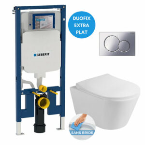 Pack WC Bâti-support UP720 extra-plat + WC sans bride Avva + Abattant frein de chute + Plaque chrome (SLIM-Avva-N)