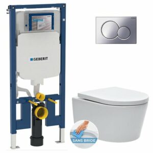 Pack WC bâti-support UP720 extra-plat + WC sans bride SAT + Abattant softclose + Plaque chrome brillant (SLIM-SATrimless-N) pour une installation facile et moderne