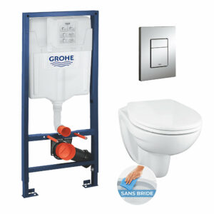 Pack WC Rapid SL + cuvette suspendue sans bride Porcher + plaque Grohe Skate Cosmopolitan chrome