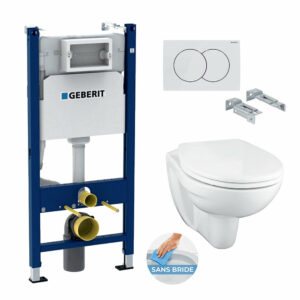 Pack WC Bâti Duofix + Cuvette suspendue Porcher sans bride + Abattant Ideal Standard ASTOR + Plaque blanche (PorcherGeb3)