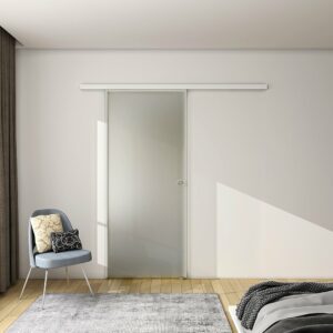 Porte coulissante en verre sablé 90x225cm avec rail blanc