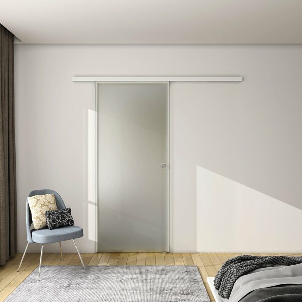 Porte coulissante en verre sablé 90x225cm avec rail blanc